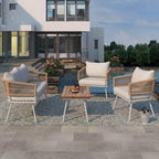 Ensemble de conversation bohème beige 4 pièces pour patio avec table en bois d'acacia, structure en corde PP et métal faite à la main, pieds réglables
