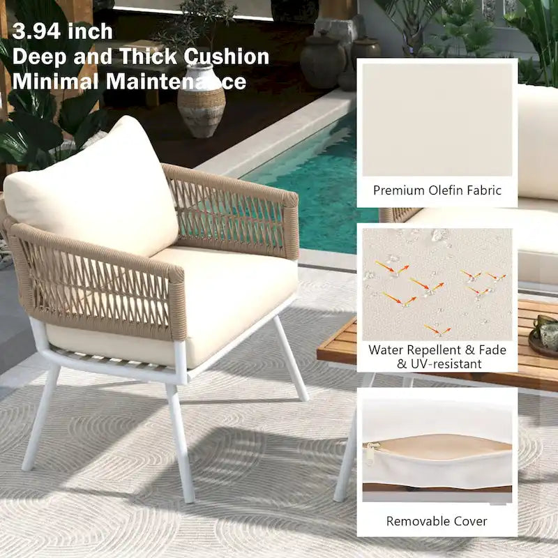 Ensemble de conversation bohème beige 4 pièces pour patio avec table en bois d'acacia, structure en corde PP et métal faite à la main, pieds réglables