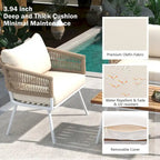 Ensemble de conversation bohème beige 4 pièces pour patio avec table en bois d'acacia, structure en corde PP et métal faite à la main, pieds réglables