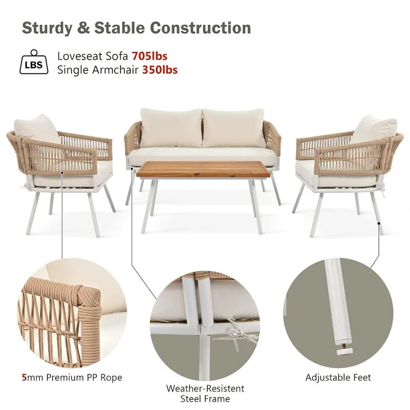 Ensemble de conversation bohème beige 4 pièces pour patio avec table en bois d'acacia, structure en corde PP et métal faite à la main, pieds réglables