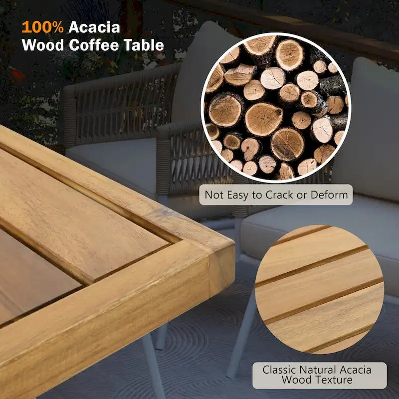 Ensemble de conversation bohème beige 4 pièces pour patio avec table en bois d'acacia, structure en corde PP et métal faite à la main, pieds réglables