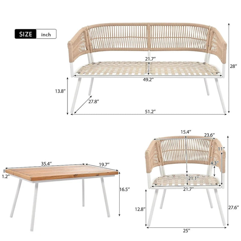 Ensemble de conversation bohème beige 4 pièces pour patio avec table en bois d'acacia, structure en corde PP et métal faite à la main, pieds réglables