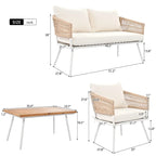 Ensemble de conversation bohème beige 4 pièces pour patio avec table en bois d'acacia, structure en corde PP et métal faite à la main, pieds réglables