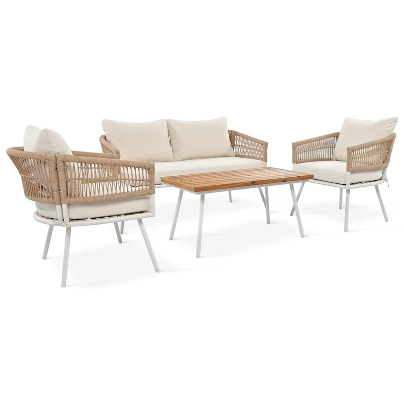 Ensemble de conversation bohème beige 4 pièces pour patio avec table en bois d'acacia, structure en corde PP et métal faite à la main, pieds réglables