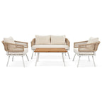 Ensemble de conversation bohème beige 4 pièces pour patio avec table en bois d'acacia, structure en corde PP et métal faite à la main, pieds réglables