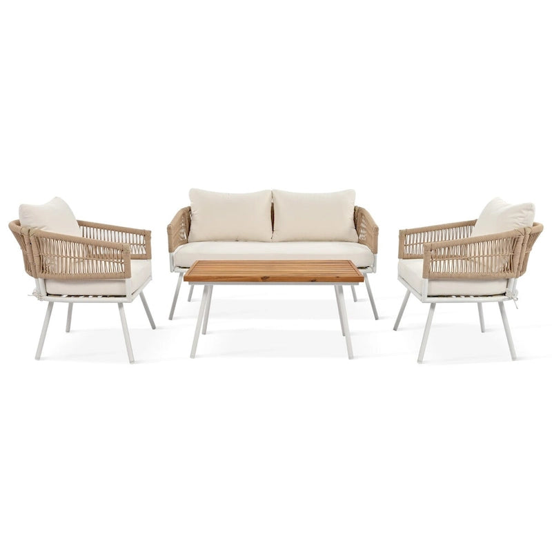 Ensemble de conversation bohème beige 4 pièces pour patio avec table en bois d'acacia, structure en corde PP et métal faite à la main, pieds réglables