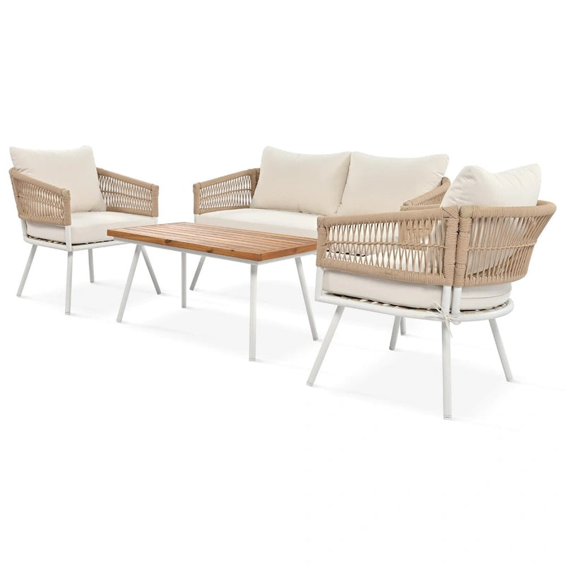 Ensemble de conversation bohème beige 4 pièces pour patio avec table en bois d'acacia, structure en corde PP et métal faite à la main, pieds réglables
