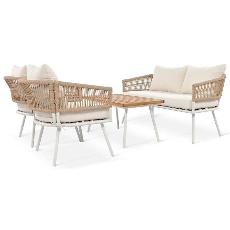 Ensemble de conversation bohème beige 4 pièces pour patio avec table en bois d'acacia, structure en corde PP et métal faite à la main, pieds réglables