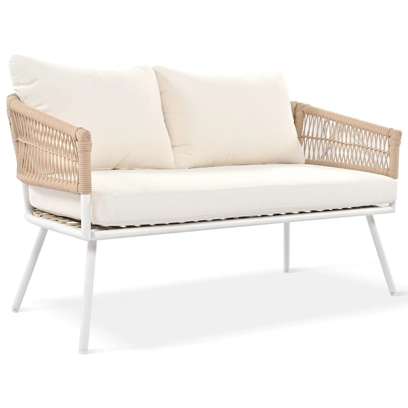Ensemble de conversation bohème beige 4 pièces pour patio avec table en bois d'acacia, structure en corde PP et métal faite à la main, pieds réglables