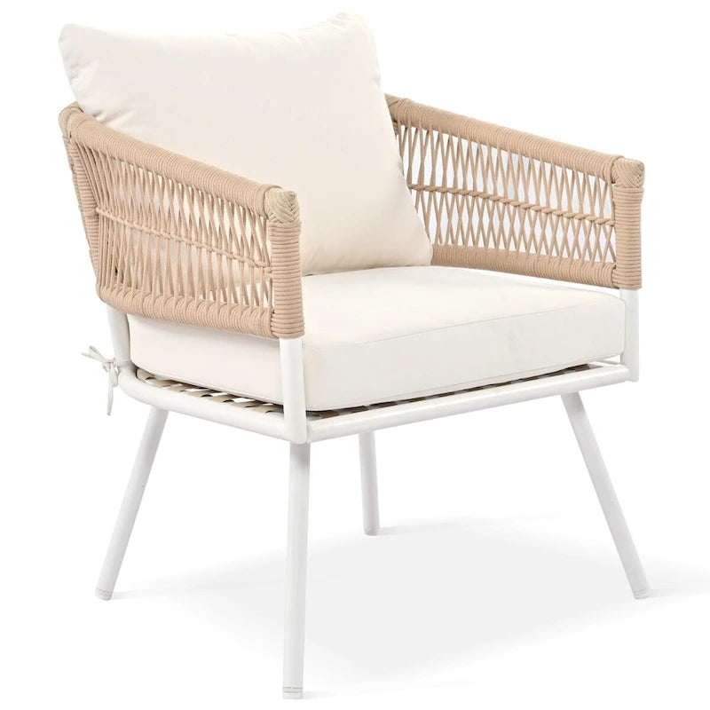 Ensemble de conversation bohème beige 4 pièces pour patio avec table en bois d'acacia, structure en corde PP et métal faite à la main, pieds réglables