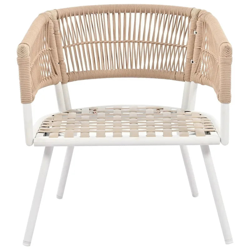 Ensemble de conversation bohème beige 4 pièces pour patio avec table en bois d'acacia, structure en corde PP et métal faite à la main, pieds réglables