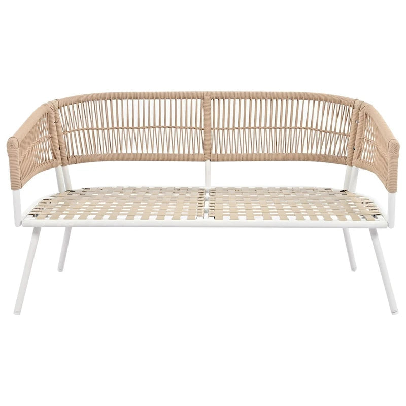 Ensemble de conversation bohème beige 4 pièces pour patio avec table en bois d'acacia, structure en corde PP et métal faite à la main, pieds réglables