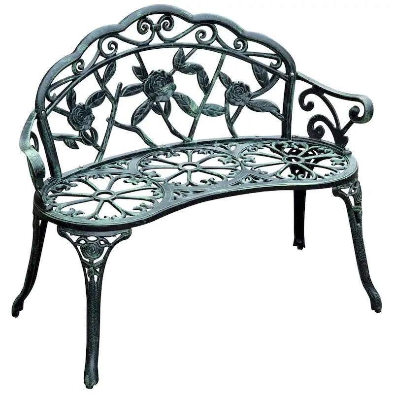Banc d'extérieur Outsunny, mobilier de jardin en aluminium moulé, banc en métal avec motif floral rose et finition antique, vert