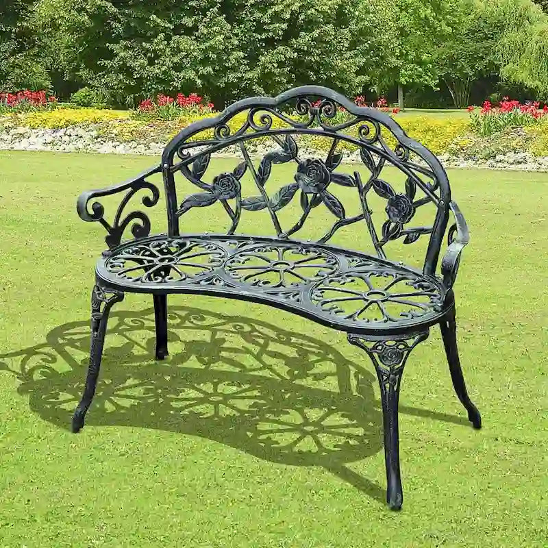 Banc d'extérieur Outsunny, mobilier de jardin en aluminium moulé, banc en métal avec motif floral rose et finition antique, vert