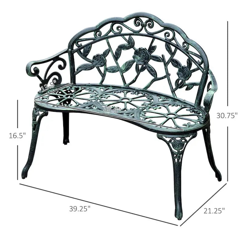 Banc d'extérieur Outsunny, mobilier de jardin en aluminium moulé, banc en métal avec motif floral rose et finition antique, vert