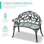 Banc d'extérieur Outsunny, mobilier de jardin en aluminium moulé, banc en métal avec motif floral rose et finition antique, vert