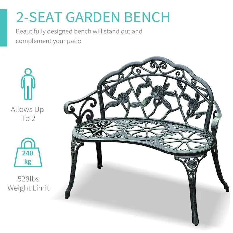 Banc d'extérieur Outsunny, mobilier de jardin en aluminium moulé, banc en métal avec motif floral rose et finition antique, vert