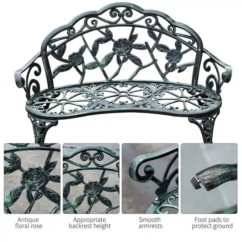 Banc d'extérieur Outsunny, mobilier de jardin en aluminium moulé, banc en métal avec motif floral rose et finition antique, vert