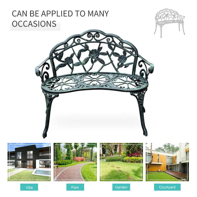 Banc d'extérieur Outsunny, mobilier de jardin en aluminium moulé, banc en métal avec motif floral rose et finition antique, vert