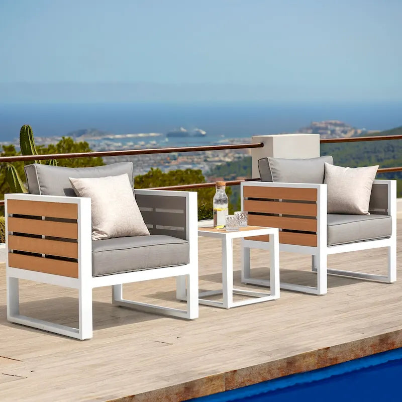 Ensemble de canapé d'extérieur en aluminium, table d'appoint, 2 fauteuils, coussins