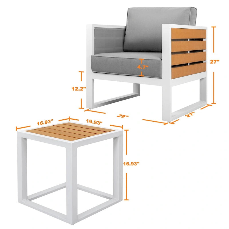 Ensemble de canapé d'extérieur en aluminium, table d'appoint, 2 fauteuils, coussins