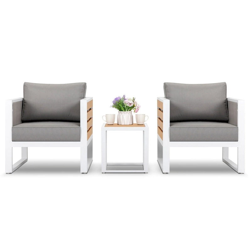 Ensemble de canapé d'extérieur en aluminium, table d'appoint, 2 fauteuils, coussins