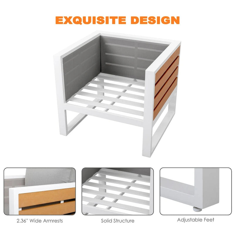 Ensemble de canapé d'extérieur en aluminium, table d'appoint, 2 fauteuils, coussins