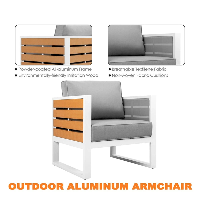 Ensemble de canapé d'extérieur en aluminium, table d'appoint, 2 fauteuils, coussins