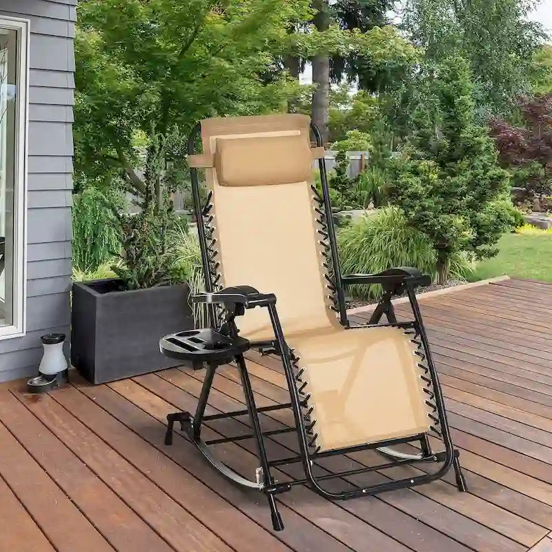 Fauteuils à bascule d'extérieur Outsunny - Modèle combiné, fauteuil inclinable pliable zéro gravité avec coussin, porte-gobelet et porte-téléphone