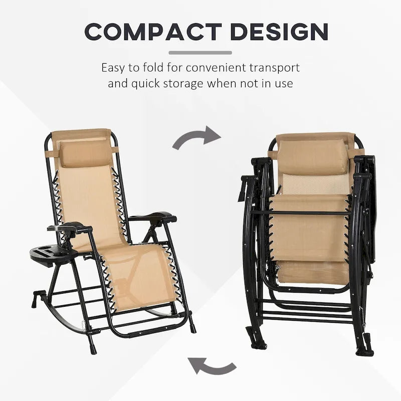 Fauteuils à bascule d'extérieur Outsunny - Modèle combiné, fauteuil inclinable pliable zéro gravité avec coussin, porte-gobelet et porte-téléphone