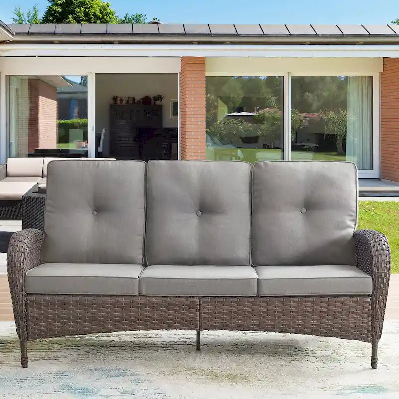 Canapé 3 places de jardin, 2 fauteuils pivotants, 2 fauteuils club, 2 poufs - Marron