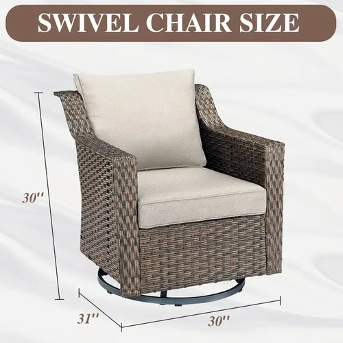 Ensemble de 3 fauteuils à bascule pivotants en osier avec table d'appoint - Marron