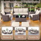 Ensemble de 3 fauteuils à bascule pivotants en osier avec table d'appoint - Marron