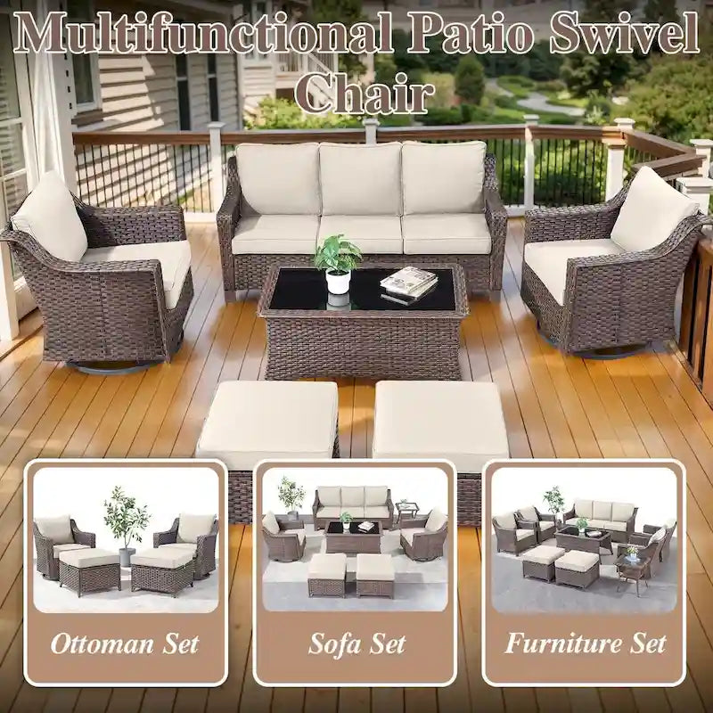 Ensemble de 3 fauteuils à bascule pivotants en osier avec table d'appoint - Marron