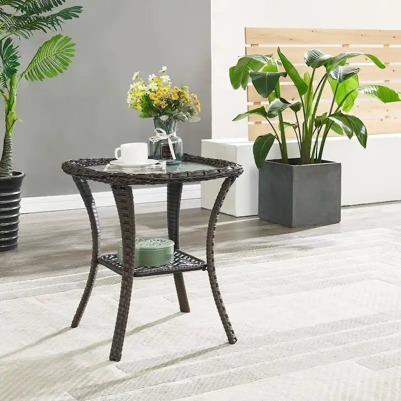 Ensemble de 3 fauteuils à bascule pivotants en osier avec table d'appoint - Marron