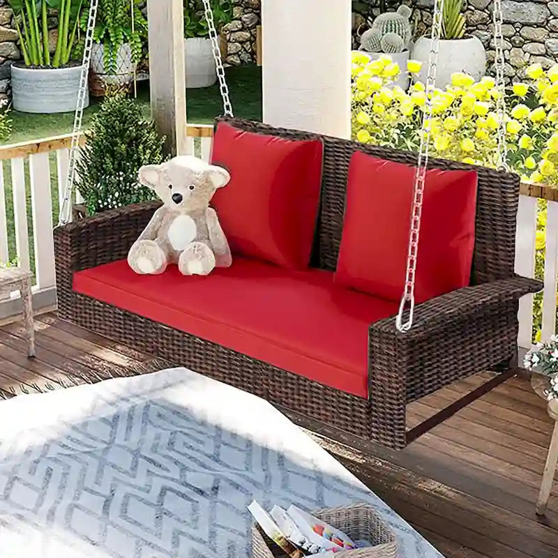 Outdoor Patio 2-Person Wicker Hanging Rattan Porch Swing with Chains, Cushion, and Pillow - 50 x 20 in.
