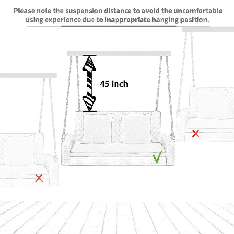 Balançoire suspendue en rotin tressé pour 2 personnes avec chaînes, coussin et oreiller - 50 x 20 pouces.