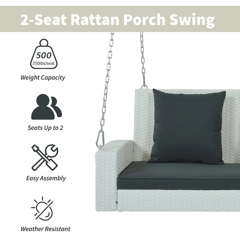 Balançoire suspendue en rotin tressé pour 2 personnes avec chaînes, coussin et oreiller - 50 x 20 pouces.