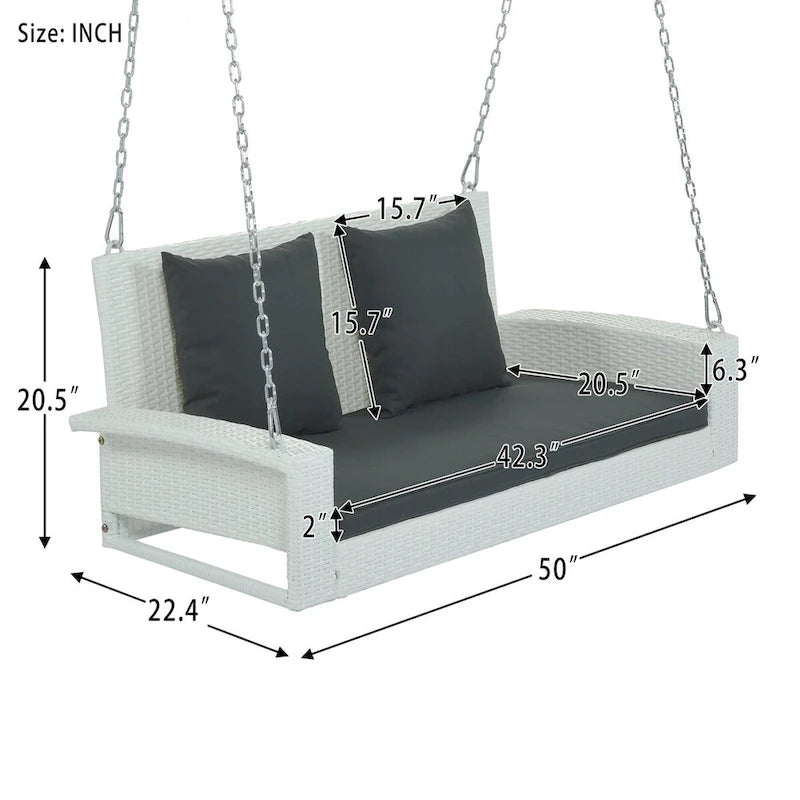 Balançoire suspendue en rotin tressé pour 2 personnes avec chaînes, coussin et oreiller - 50 x 20 pouces.