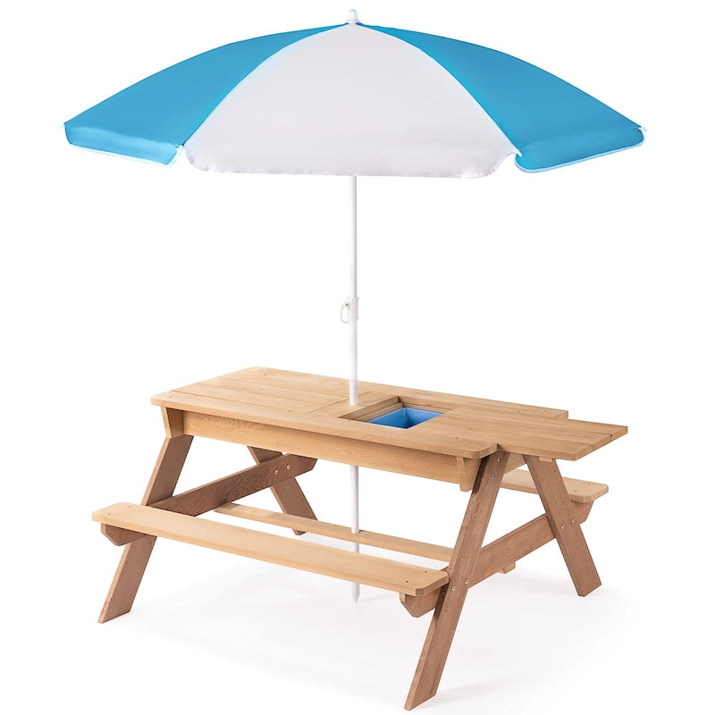 Table de pique-nique extérieure 3 en 1 pour enfants en bois avec parasol, convertible sable et eau