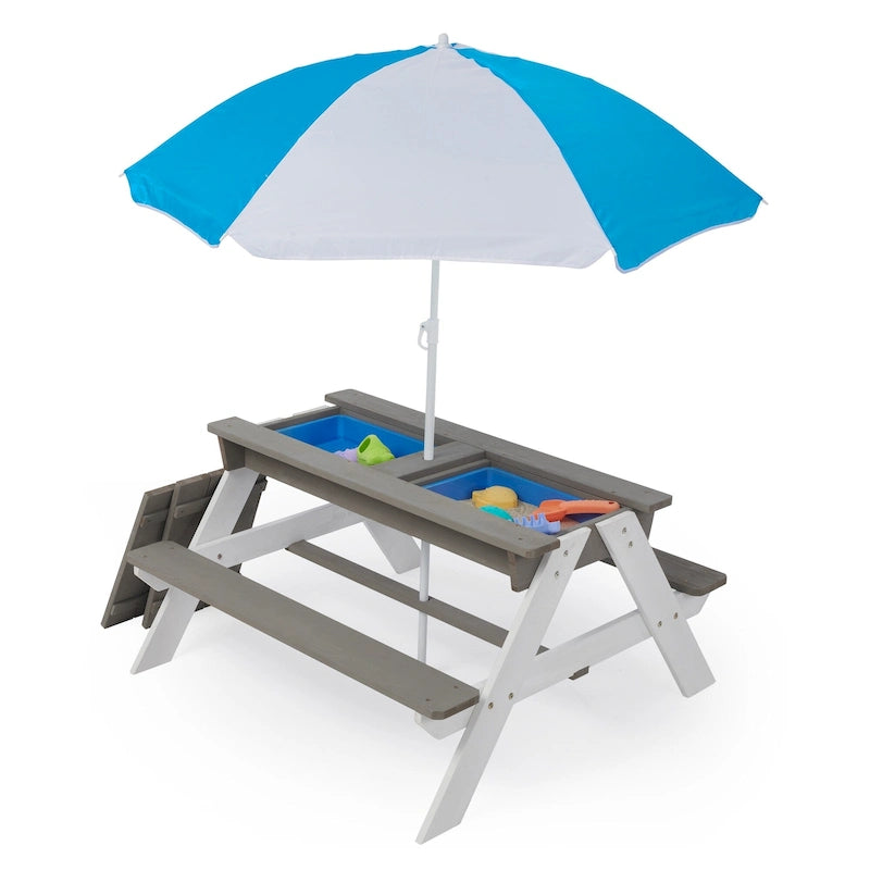 Table de pique-nique extérieure 3 en 1 pour enfants en bois avec parasol, convertible sable et eau