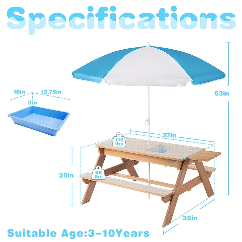 Table de pique-nique extérieure 3 en 1 pour enfants en bois avec parasol, convertible sable et eau