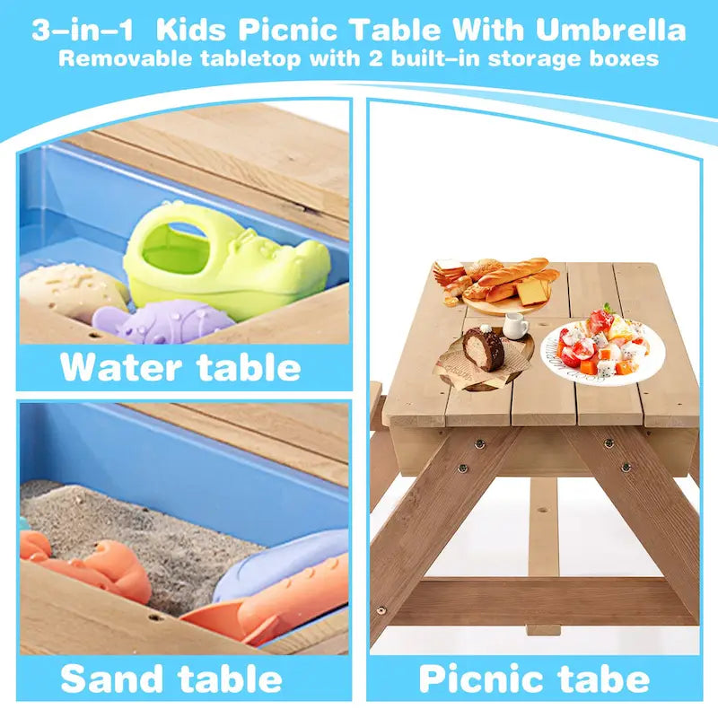 Table de pique-nique extérieure 3 en 1 pour enfants en bois avec parasol, convertible sable et eau