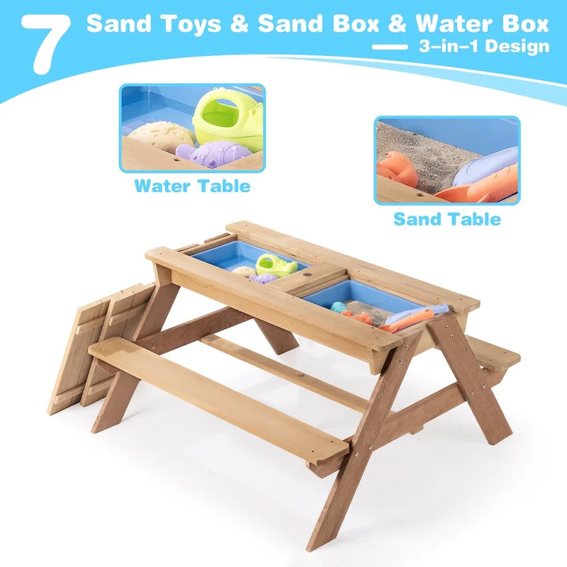 Table de pique-nique extérieure 3 en 1 pour enfants en bois avec parasol, convertible sable et eau