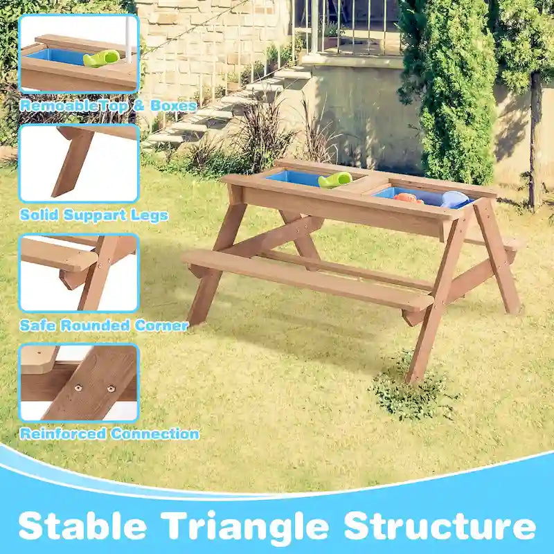 Table de pique-nique extérieure 3 en 1 pour enfants en bois avec parasol, convertible sable et eau