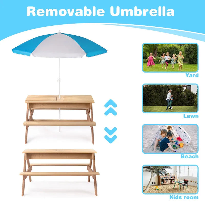Table de pique-nique extérieure 3 en 1 pour enfants en bois avec parasol, convertible sable et eau