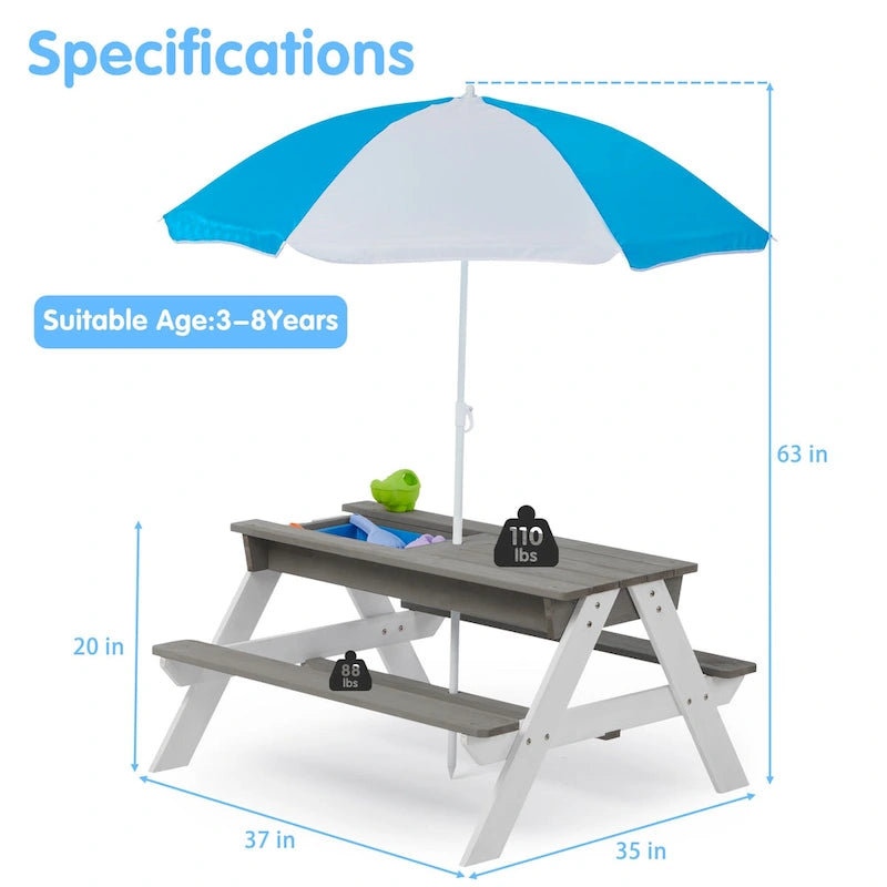 Table de pique-nique extérieure 3 en 1 pour enfants en bois avec parasol, convertible sable et eau