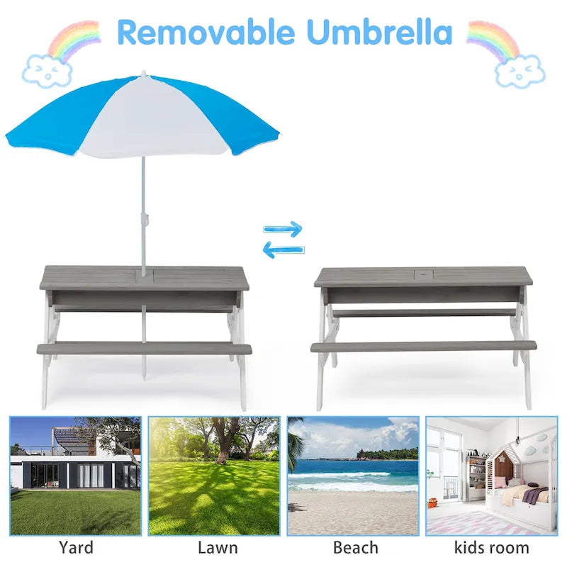 Table de pique-nique extérieure 3 en 1 pour enfants en bois avec parasol, convertible sable et eau