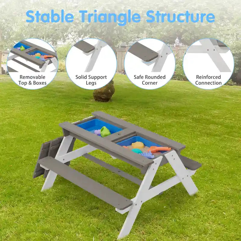Table de pique-nique extérieure 3 en 1 pour enfants en bois avec parasol, convertible sable et eau