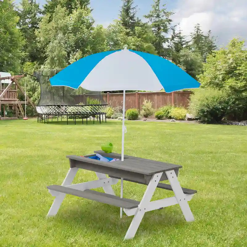 Table de pique-nique extérieure 3 en 1 pour enfants en bois avec parasol, convertible sable et eau